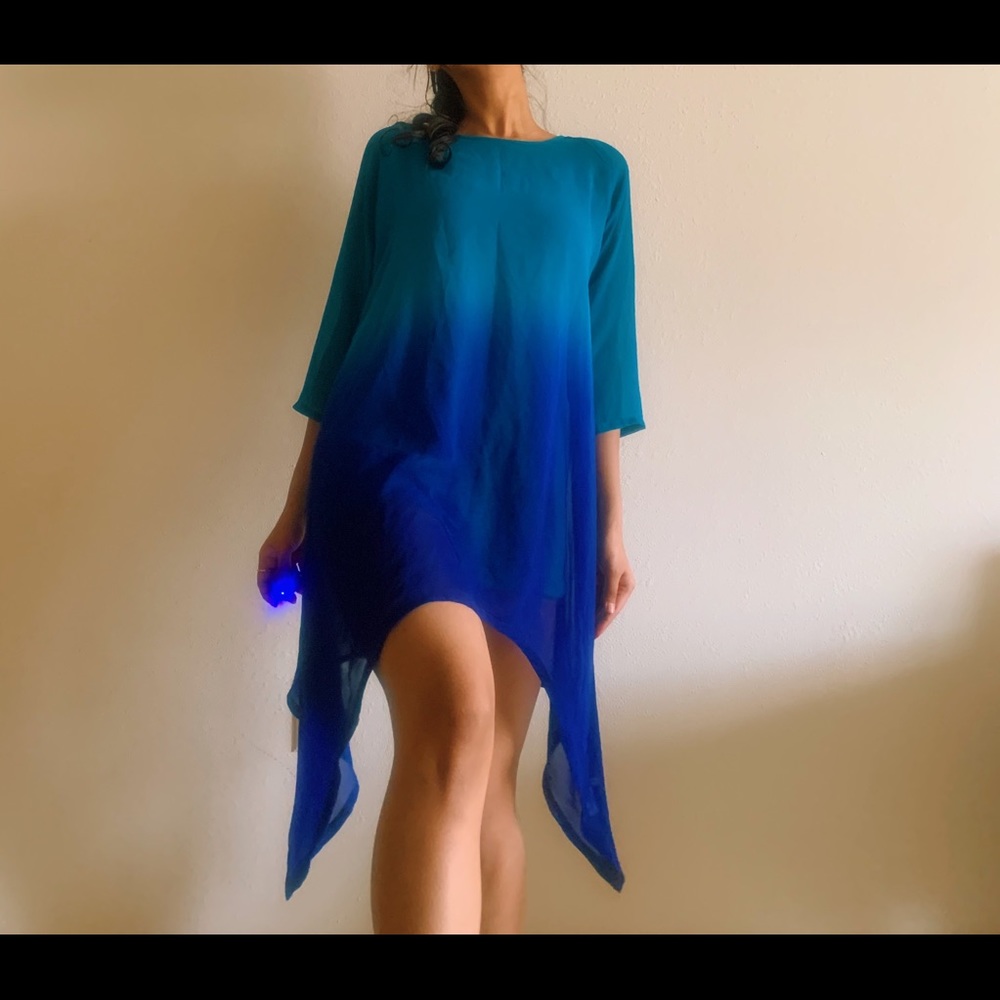 Teal Blue Ombre Asymmetrical Dress Beach Cover Up